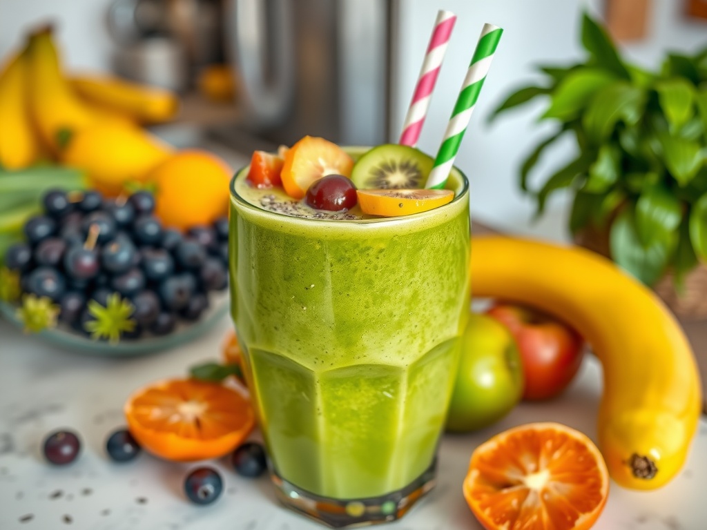 A refreshing glowing skin smoothie in a glass with fruit toppings and chia seeds, set in a bright kitchen.